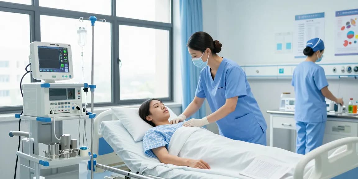 Hospital medical products in use by a nurse caring for a patient, showcasing advanced medical equipment in a bright hospital room.