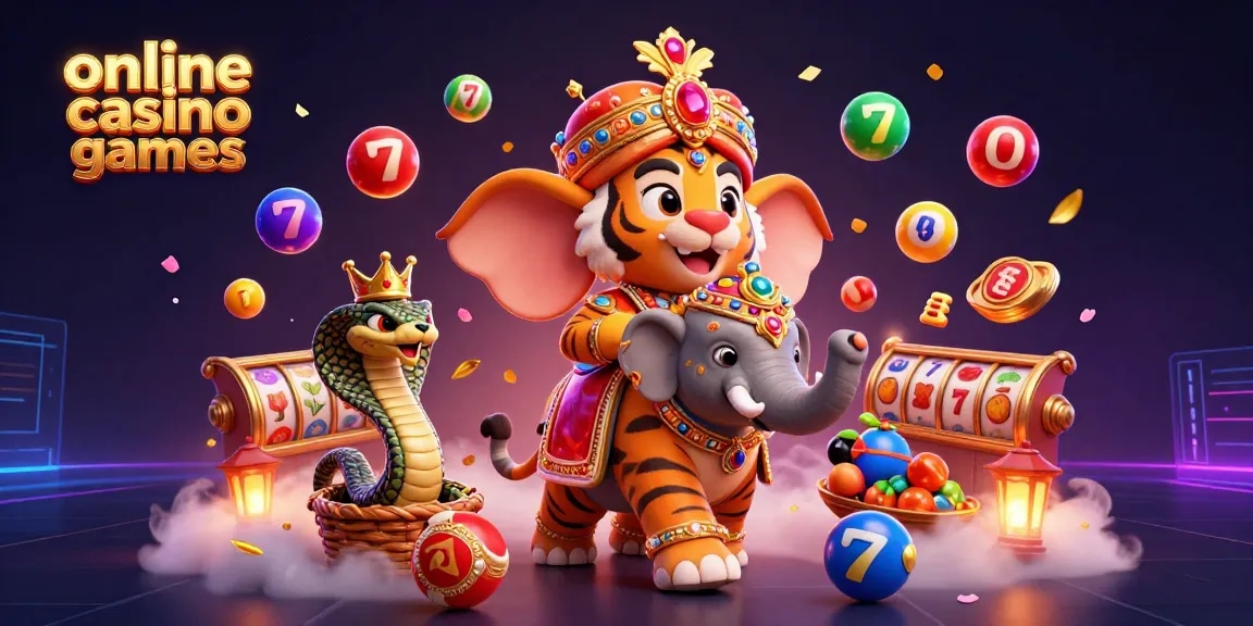 Engage with online casino games featuring a royal maharaja tiger, elephants, and vibrant lottery elements.