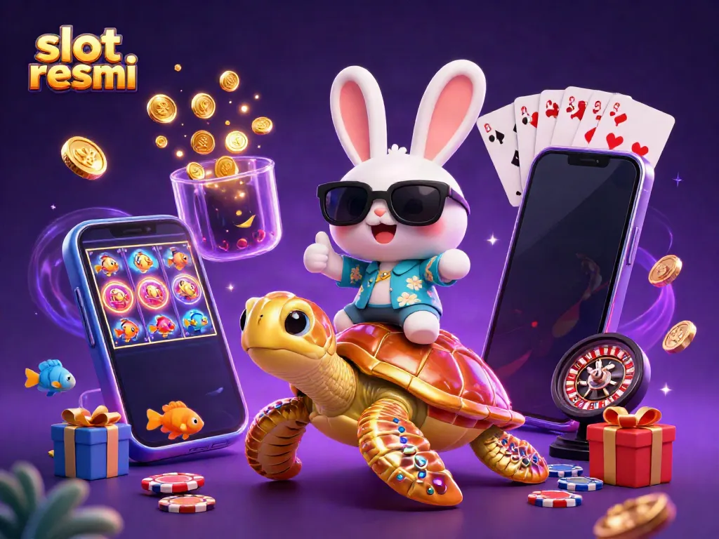 Spin and win with slot resmi featuring a lucky rabbit and golden turtle in a vibrant casino scene.