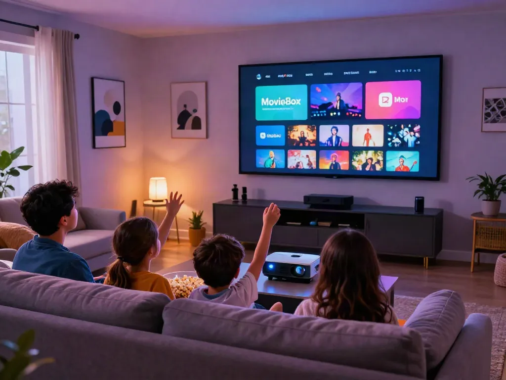 Family enjoying a movie night using the movies box app on a large TV screen.