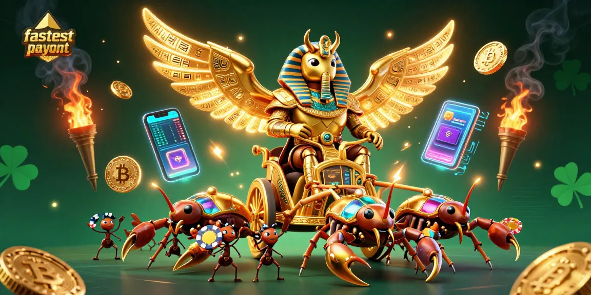 Experience the fastest payout online casino with our vibrant scene showcasing a golden scarab and crypto elements.