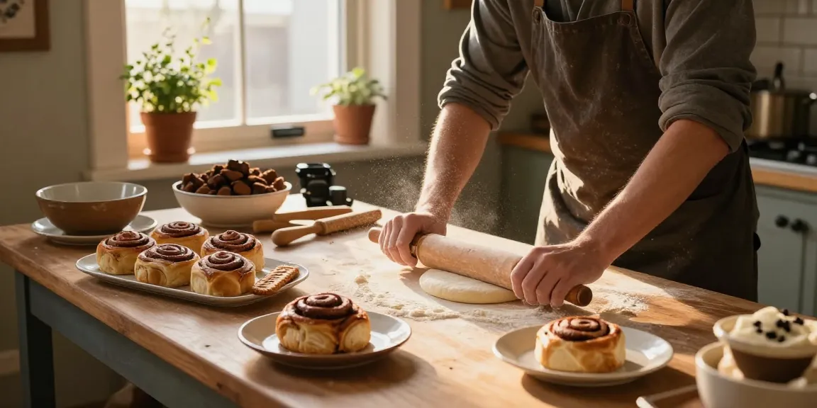 Freshly baked cinnamon buns in a rustic Calgary bakery near me, showcasing delicious flavors and warm inviting atmosphere.