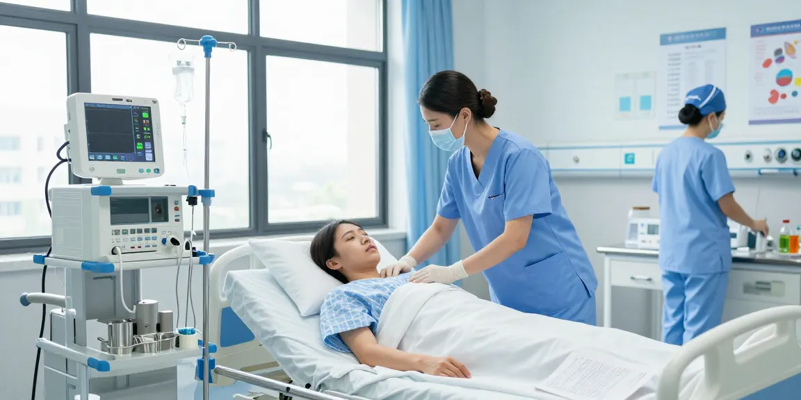 Hospital medical products in use by a nurse caring for a patient, showcasing advanced medical equipment in a bright hospital room.
